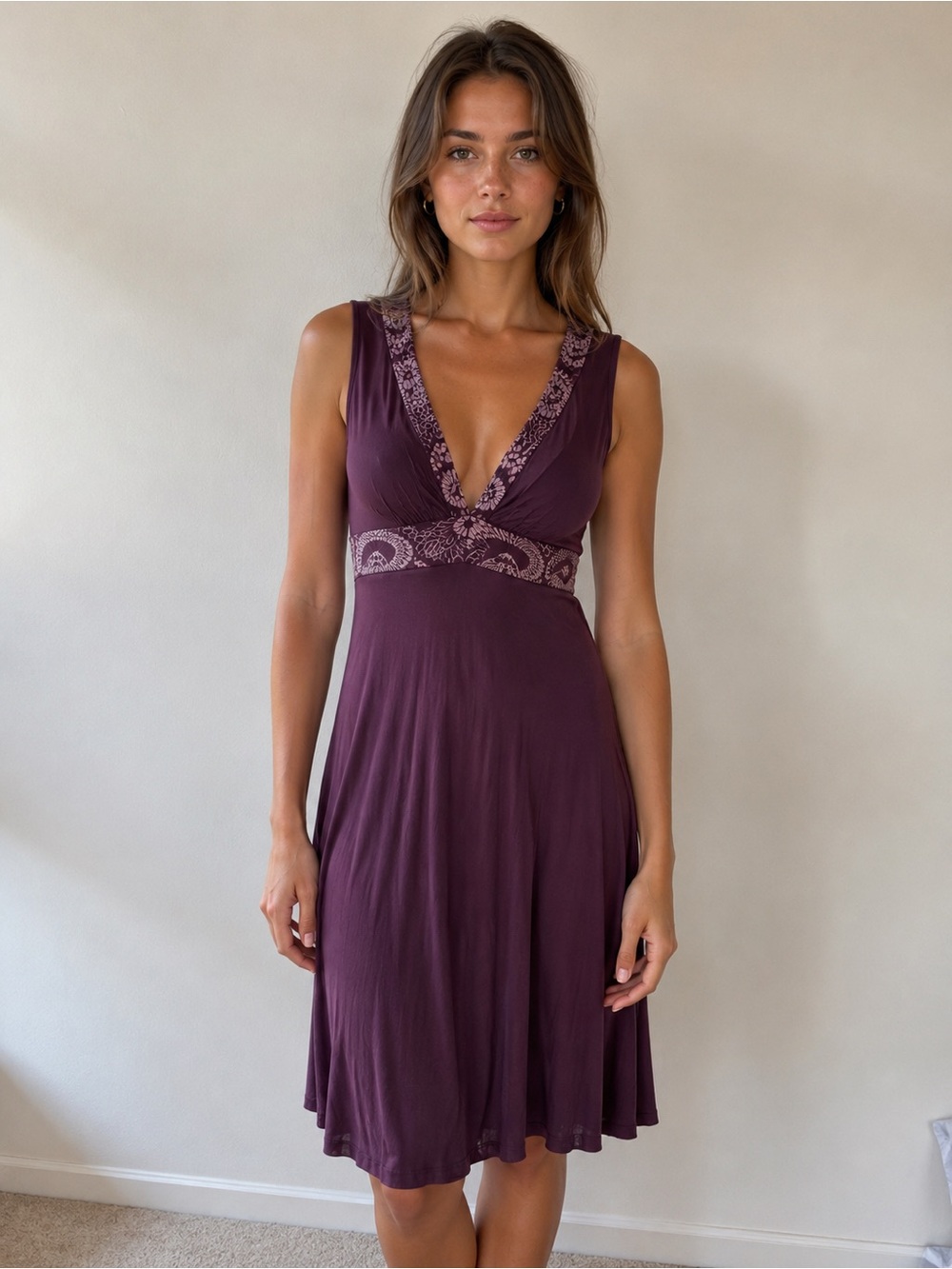 Synergy Organic Clothing Plum Purple Midi Dress with Lace Trim
